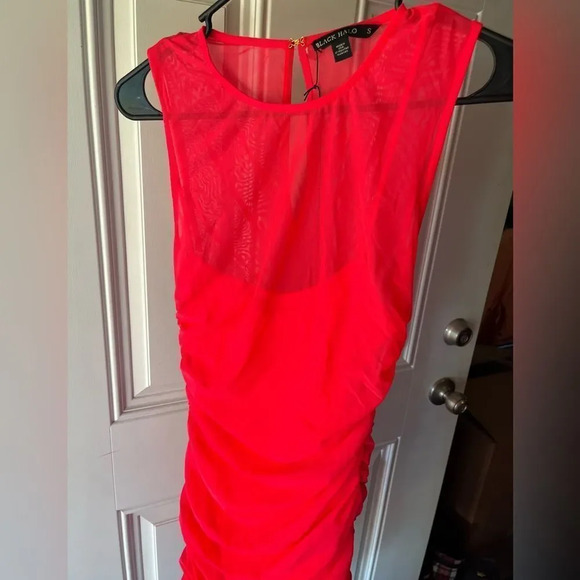Black Halo Elvia Ruched Mesh Sheath Dress in vivid melon midi small new women’s - Picture 9 of 10